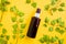 Mockup of brown cosmetic spray bottle and birch leaves on yellow background. Body mist, skincare, suntan oil, sanitizer, deodorant