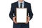 Mockup. Business man holding in hands empty blank photo frame.