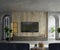 Mockup cabinet a TV wall wooden in a cement room with sofa and decor