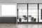 Mockup canvas in grey office room with chairs and table behind glass windows