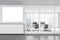 Mockup canvas in white office room with chairs and table behind glass windows