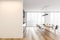 Mockup copy space in grey and wooden dining room with chairs and table