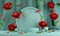 Mockup Empty Mint Podium With Floral Red Peony Flower And Leaf Falling On The Floor Curtain Background 3d Render