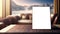 Mockup of empty nameplate on blurred background of winter resort for advertising services. AI Generated