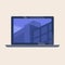 A mockup of a flat vector laptop with an architectural cityscape image on a wallpaper.