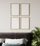 Mockup four poster frames on the beige wall in bedroom with cozy bed and plant, 3d render, 3d illustration