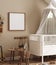 Mockup frame in cozy beige children room interior background