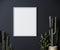 Mockup frame on dark gray wall mock up with cactus, vertical white poster frame on wall, mock up for picture or photo frame, empty