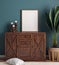 Mockup frame in dark green bedroom interior background