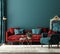 Mockup frame in dark green home interior with red sofa, table and decor