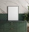 Mockup frame in dark green kitchen with marble wall