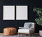 Mockup frame in dark living room interior background, farmhouse style