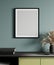 Mockup frame with green cabinet in modern interior on empty blue wall background, 3d rendering