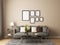 Mockup frame in living room with multiple frame, gray sofa, and khaki painted wall .3d illustration. 3d rendering