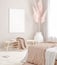 Mockup frame in pastel pink bedroom interior background, Scandi-Boho style