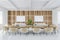 Mockup frame in white and wooden conference room with modern furniture
