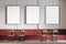 Mockup frames in cafe with red sofa and wooden table with chairs