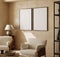 Mockup frames in contemporary nomadic home interior background in warm beige tones