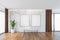 Mockup frames in wooden and white marble living room with bench on parquet floor