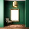 A mockup, a large golden frame with an empty space, hangs on the wall. in green interior with vintage armchair