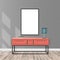 Mockup living room interior with empty frame, bureau, lamp, parquet flooring, concrete wall.