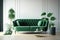 Mockup Mid Century Living Room Green Sofa Interior, White Emty Wall - Generative AI