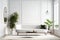 Mockup Mid Century Living Room White Sofa Interior, White Emty Wall - Generative AI