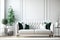 Mockup Mid Century Living Room White Sofa Interior, White Emty Wall - Generative AI