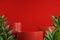 Mockup Modern Red Display Podium Present Products, Tropic Plant Background 3d Render