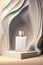 Mockup for perfume brand, small single bottle on stone podium with abstract golden wavy 3d backdrop behind, AI generative