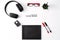 Mockup, Photo Frame, Action camera, Headphones, Glasses, Pen, and Cactus, Red and Black object on white background