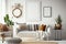 Mockup Photo Frame Boho Living Room Interior, The White Couch Near Empty White Wall - Generative AI