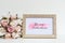 Mockup Picture frame and pink roses. Valentines Day Background concept with copy space. Mock up with photo frame and flowers with