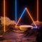 Mockup Podium With Triangle Blue Orange Laser Light And Vertical Lines Neon With Smoke And Mountain Landscape Background 3d Render