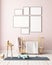 Mockup poster in the children`s room in pastel colors. Scandinavian style. 3d illustration.