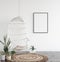 Mockup poster in cozy white living room interior background
