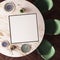 Mockup poster on a dining table made of marble. View from above. 3d