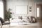 Mockup poster frame on the wall of living room for mid century modern interior design white neutral