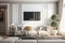 Mockup poster frame on the wall of living room for mid century modern interior design white neutral