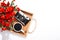 Mockup set festive flowers carnation red camera