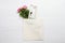Mockup shopper handbag. Pink roses. Wood background. Top view copy space shopping eco reusable bag. Mothers women day. Template
