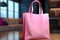 Mockup shopper pink tote bag handbag at home interior background. Copy space shopping eco reusable bag. Grocery accessories.