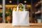 Mockup shopper tote bag handbag on supermarket mall background. Copy space shopping eco reusable bag. Grocery accessories.