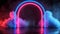 This mockup shows neon light arch portals, laser-led frames for concert stages with steam, haze, magic glitter, and a