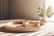 Mockup smooth round wooden tray with coffee beans, white table countertop