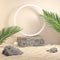 Mockup Stone Platform For Show Product With Palm Leaf On The Beach Abstract Background 3d Render