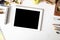 Mockup tablet on artist workspace and office creative supplies o