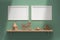 Mockup template with two blank horizontal A4 frames, wooden kids toys next to green wall