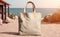 Mockup tote bag, shopper handbag on summer beach background. Copy space shopping eco reusable bag. Grocery accessories. Template
