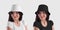 Mockup of a white, black panama hat on a young dark-haired girl,  on background. Set